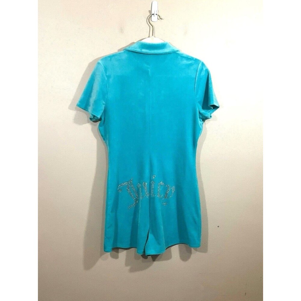Juicy Couture Womens Rhinestone Velour Romper L Blue Y2K Retro Bling Preppy